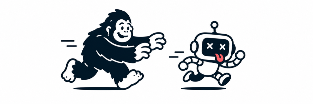 A cheerful Bigfoot chasing the NiceTryBot robot